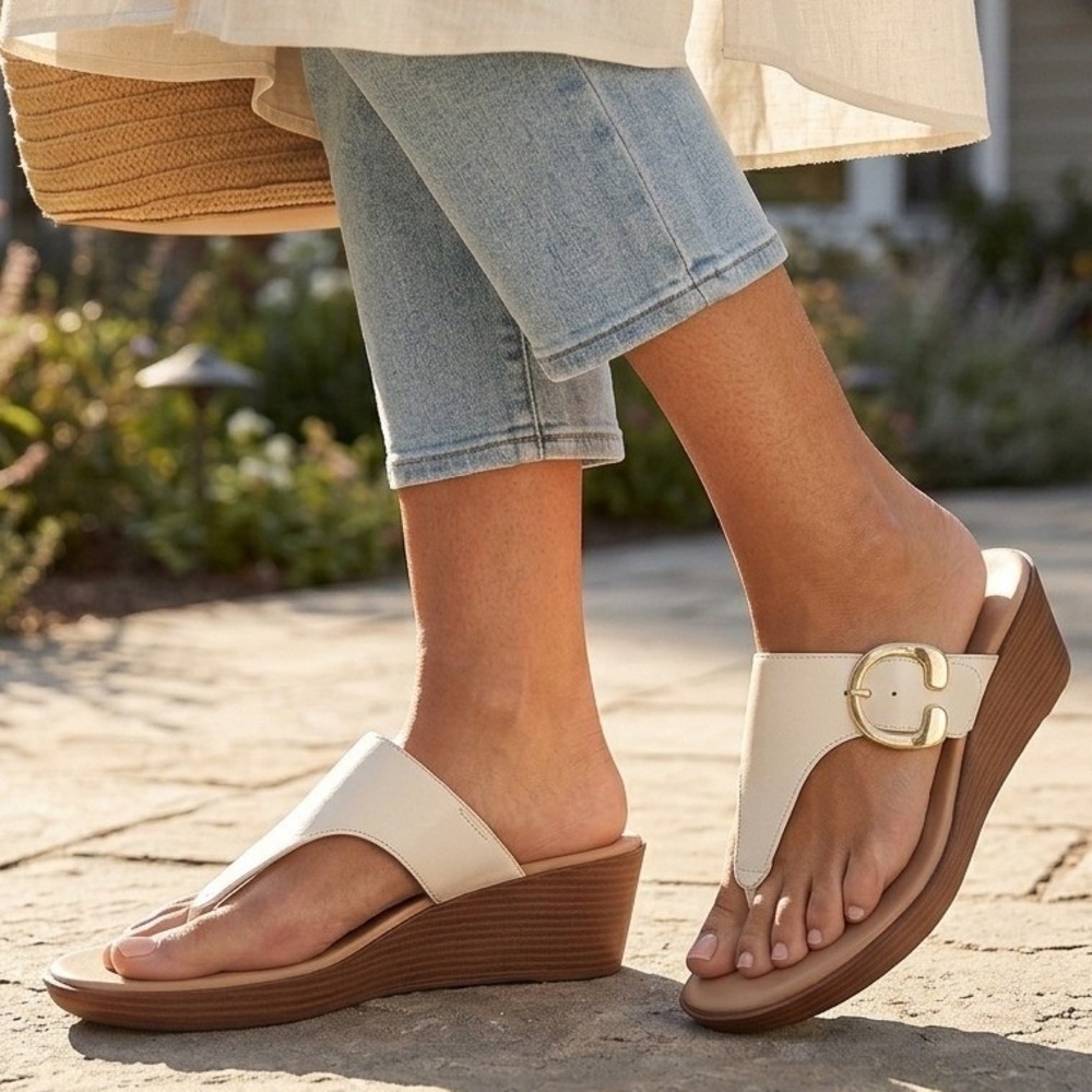 Aerosoles Aware Demi Wedge Sandal Bone White Gold Buckle Thong Slide 10